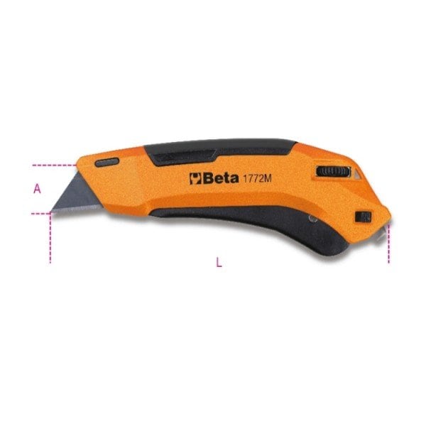 Beta 1772M Safety Utility Knife with Retractable Blade, 6 11/16 in Long, Includes 3 Blades - 017720040