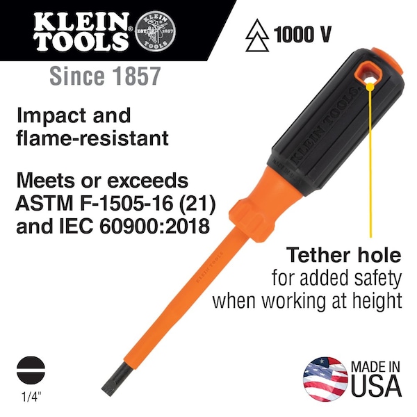 Klein Tools Insulated Screwdriver, 1/4-Inch Cabinet Tip, 4-Inch Round Shank - 6824INS