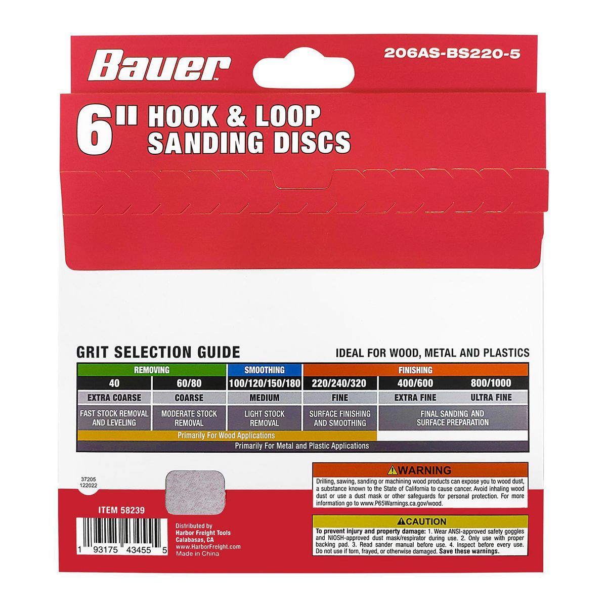 Discos de lijar con gancho y lazo de 6 orificios y grano de zirconia, 220 granos, de 6 pulgadas Bauer, paquete de 5 - 58239