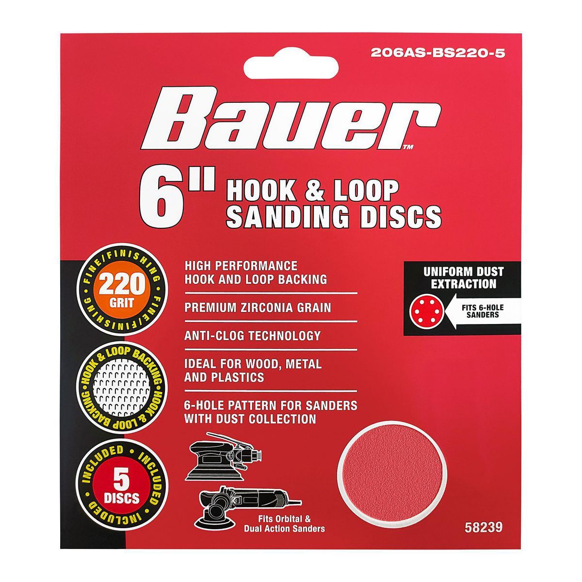 Discos de lijar con gancho y lazo de 6 orificios y grano de zirconia, 220 granos, de 6 pulgadas Bauer, paquete de 5 - 58239