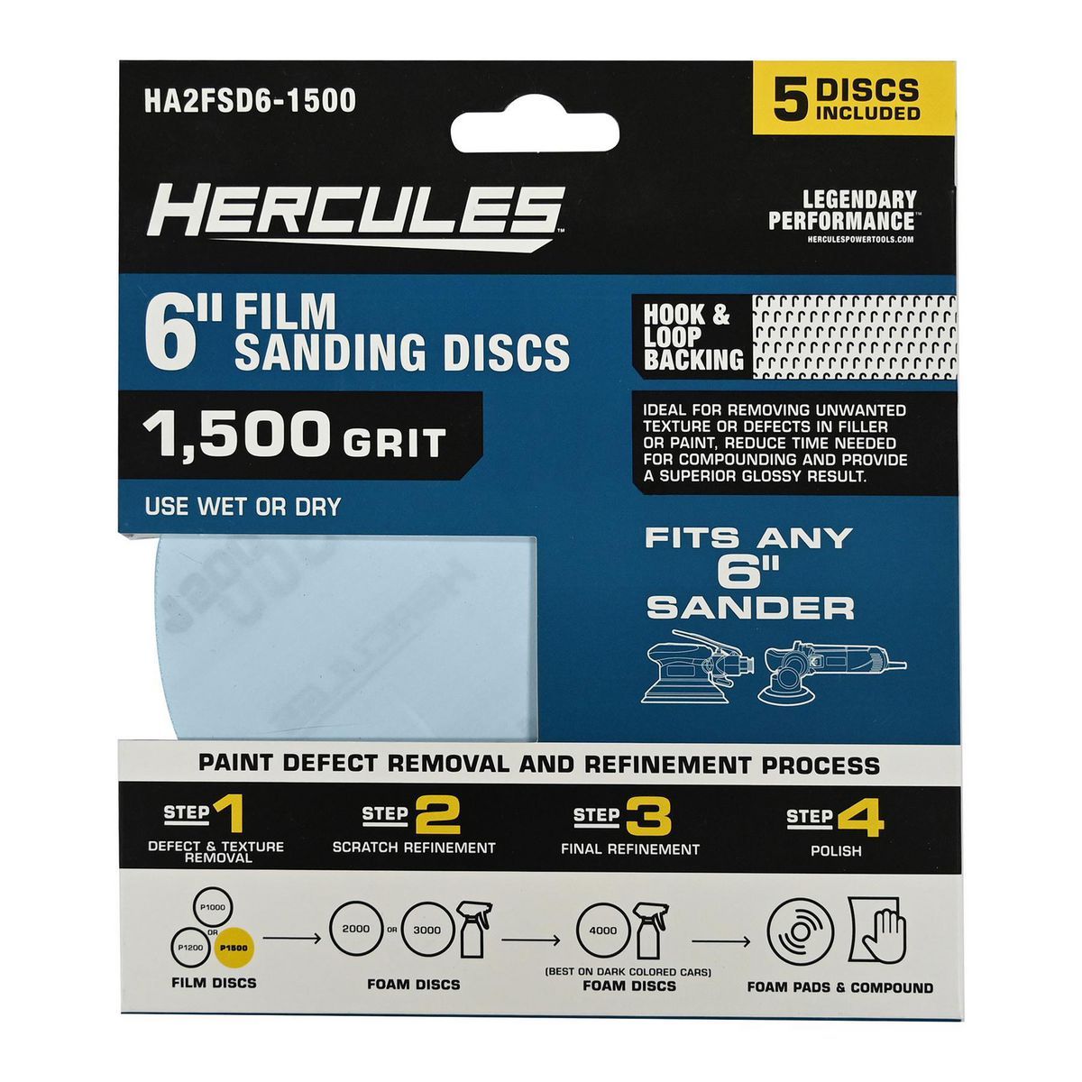 Disco de lijado de película Hercules de 6 pulgadas y 1500 granos con gancho y lazo, paquete de 5 discos - 58217