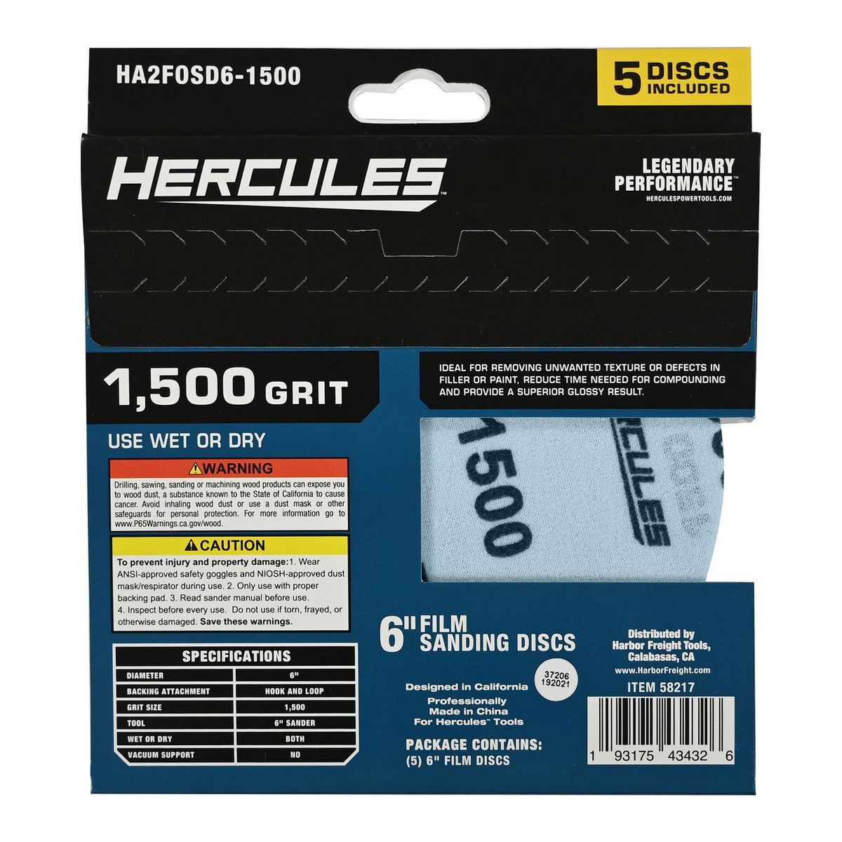 Disco de lijado de película Hercules de 6 pulgadas y 1500 granos con gancho y lazo, paquete de 5 discos - 58217