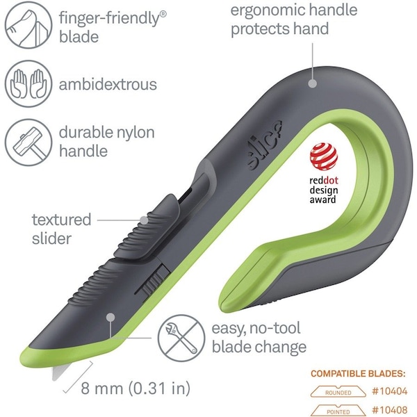 Slice Box Cutter, Auto-Retract, 7/10"Wx6-7/10"Lx3-2/5"H, GYGN - SLI10503