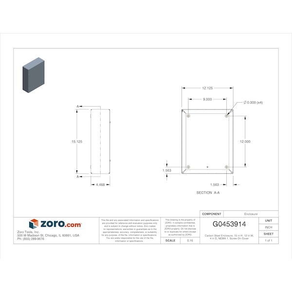 Wiegmann Carbon Steel Electrical Enclosures, 15 in H, 4 in D, 12 in W, NEMA 1, Screw On - SC121504NK