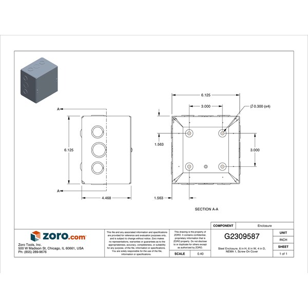 Wiegmann Carbon Steel Electrical Enclosures, 6 in H, 4 in D, 6 in W, NEMA 1, Screw On - SC060604G