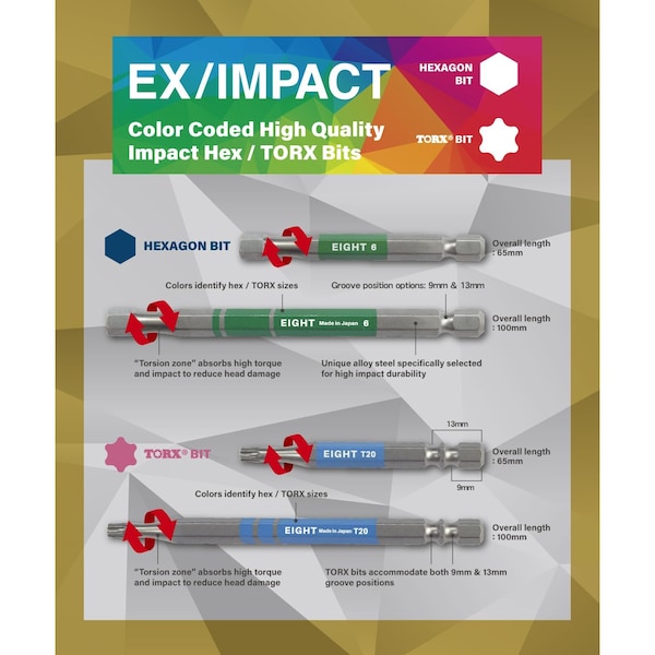 Eight Tool EX-IMPACT HIGH IMPACT HEX BIT 6.35MM SHANK 9MM GROOVE COLOR CODED, 5 X 65MM OAL YLW - EA-610C 5mm x 65
