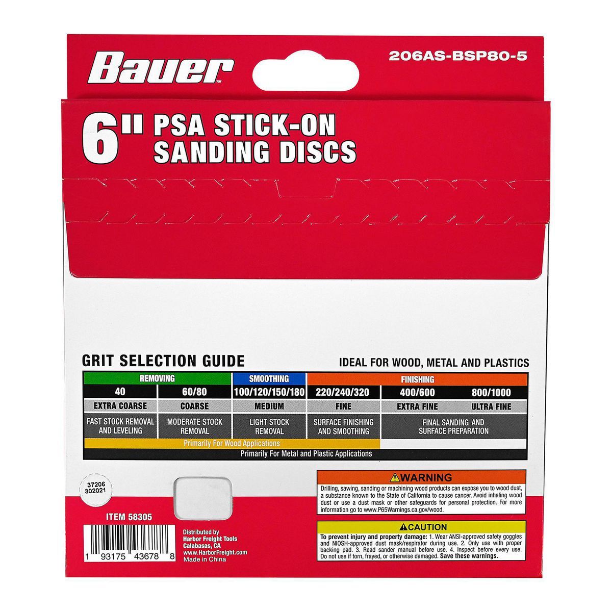 Discos de lijado PSA de 6 pulgadas, grano 80, con grano de alúmina de circonio, paquete de 5 - 58305 de Bauer.