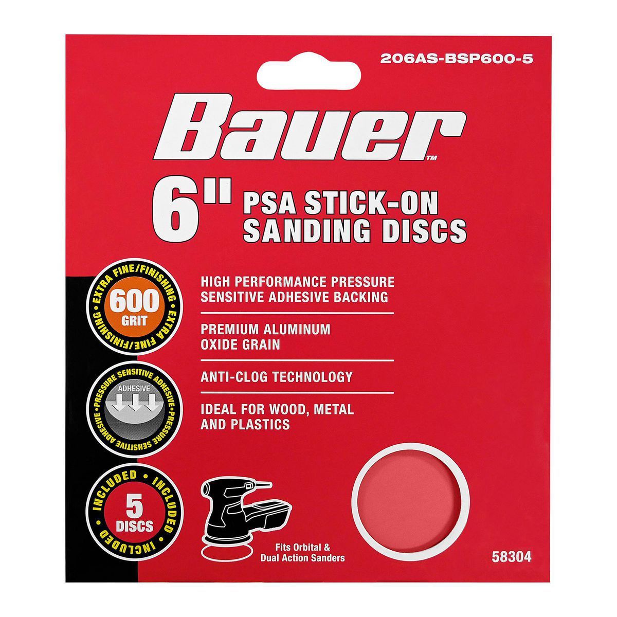 Discos de lija PSA Bauer de 6 pulgadas, 600 Granos con Grano de Óxido de Aluminio, Paquete de 5 - 58304