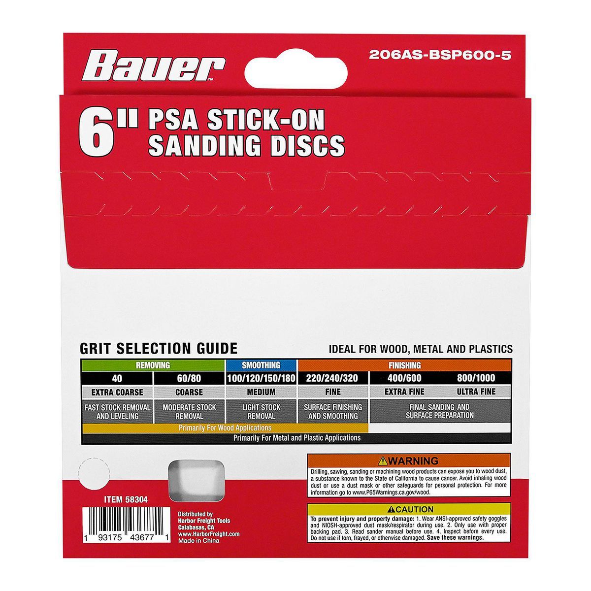 Discos de lija PSA Bauer de 6 pulgadas, 600 Granos con Grano de Óxido de Aluminio, Paquete de 5 - 58304