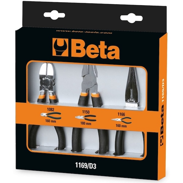 Beta 1169/D3 Set of 3 Pliers- 1 Combination Pliers, 1 Long Needle Nose Pliers, 1 Diagonal Cutting Nippers - 011690053