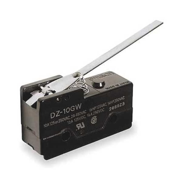Interruptor de acción rápida industrial Omron, con bisagra, actuador de palanca, DPDT, clasificación de contacto de 10A @ 240V CA - DZ-10GW-1A.