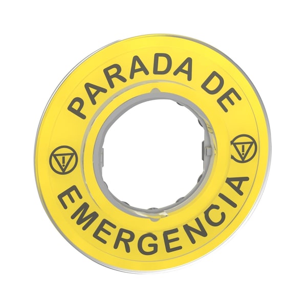 Schneider Electric Legend, Harmony XB4, plástico, amarillo, 90mm, para paro de emergencia, marcado PARADA DE EMERGENCIA con logotipo ISO13851 - ZBY9420