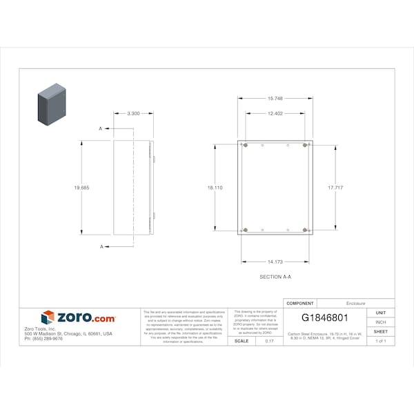 Rittal Carbon Steel Electrical Enclosures, 19.70 in H, 8.30 in D, 16 in W, NEMA 12, 3R, 4, Hinged - WM201608NC