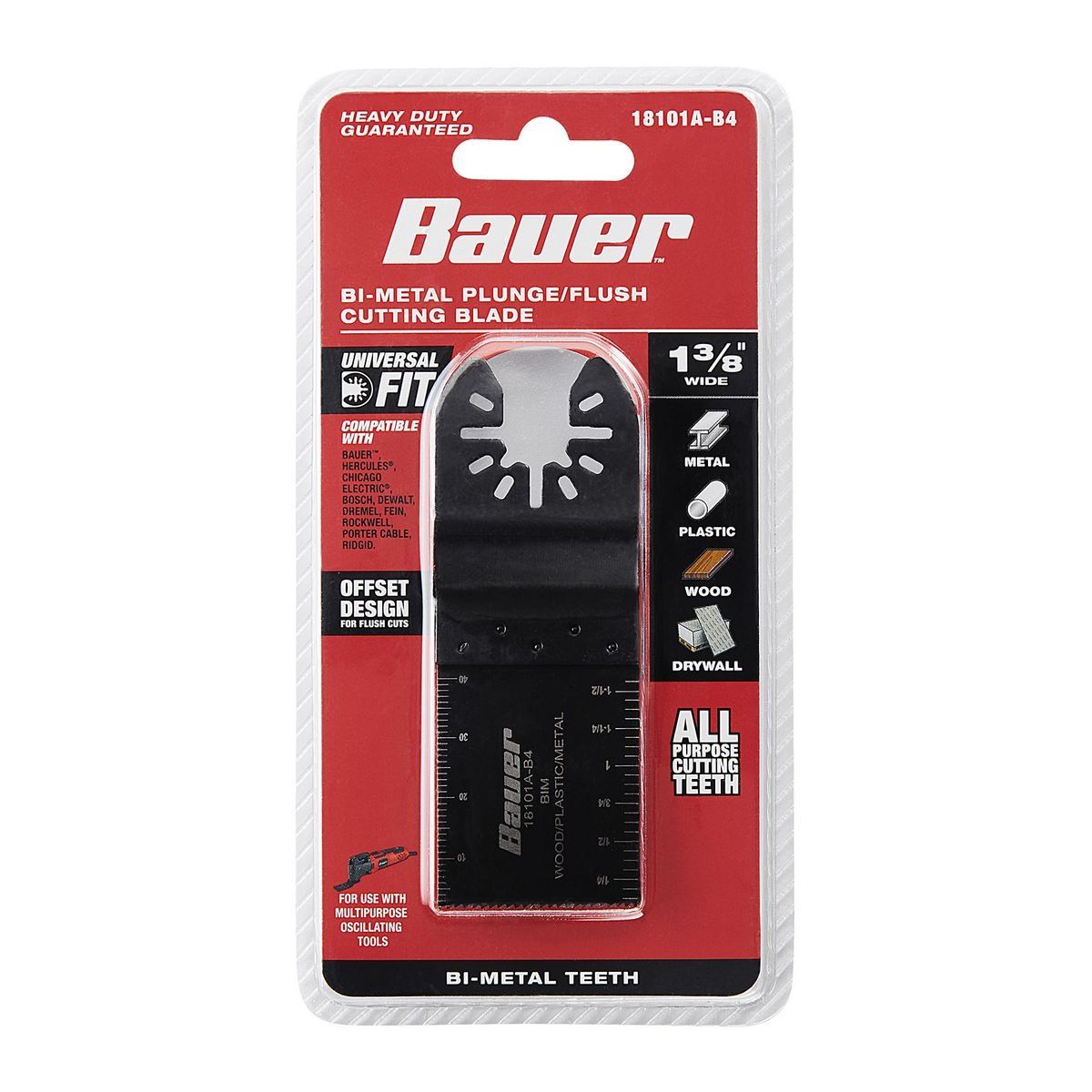Hoja de sierra para corte en inmersión y al ras de acero al carbono bimetálico de 1-3/8 pulgadas para herramientas múltiples oscilantes de Bauer - 64951