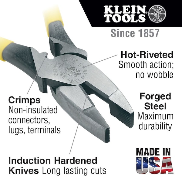 Klein Tools 9 3/8 in Linemans Plier High Leverage w/ Wire Crimper, Steel - D213-9NE-CR