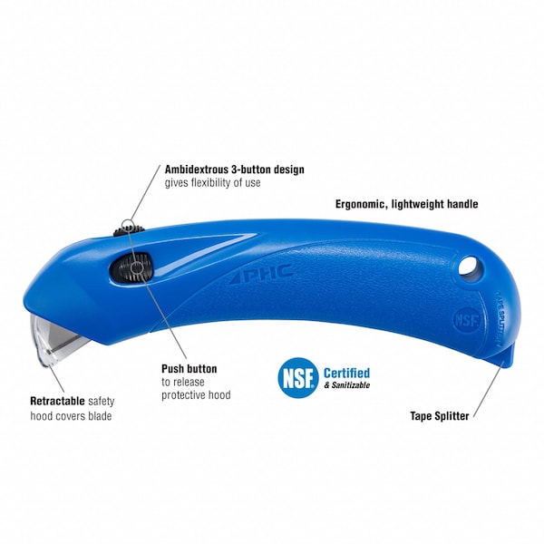 Pacific Handy Cutter Safety Knife, Multipurpose, 5 1/2 in Length, Rounded Safety Blade, Ergonomic Handle, Blue - RSC-432