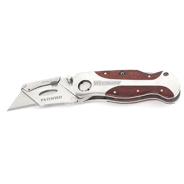 Westward Folding Retractable Clip-Point Utility Knife, Silver/Wood Grain - 1YJD8