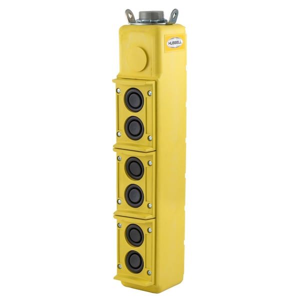 Dispositivo industrial de grado Hubbell Wiring Device-Kellems, Controles de colgante, Estación de botones pulsadores, 6 botones - Dos velocidades, Deber piloto, Máx. 250V CA, Tornillos de terminal - PBS62