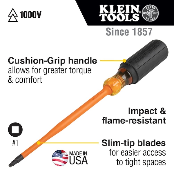 Klein Tools Slim-Tip 1000V Insulated Screwdriver, #1 Square, 6-Inch Round Shank - 6986INS