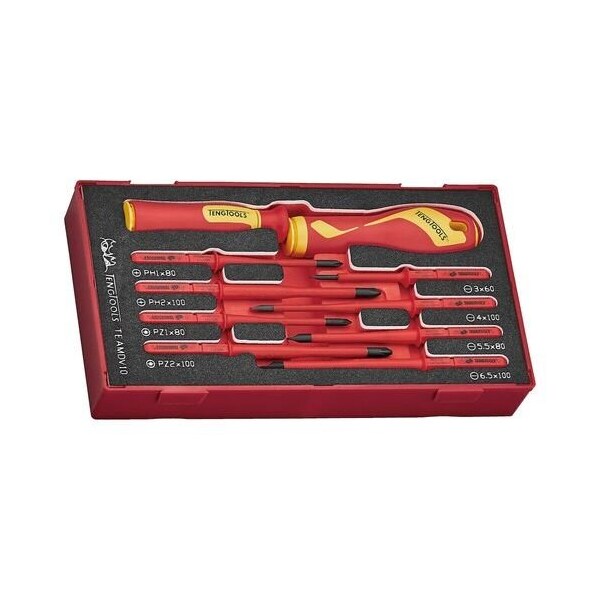 Teng Tools 10 Piece 1000 Volt Insulated Interchangeable Screwdriver Blade & Handle Eva Foam Set - TEAMDV10