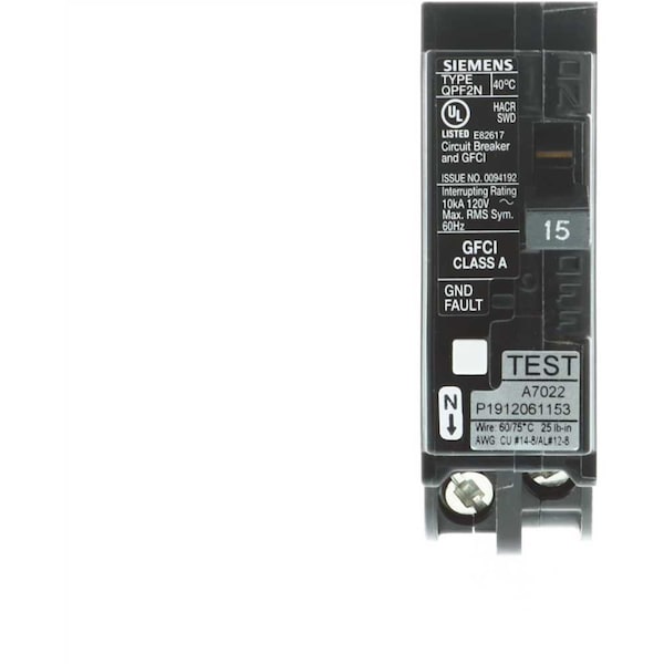 Siemens Circuit Breaker, 15A, 1 Pole, 120V AC, 10kA at 120V AC - QF115AN