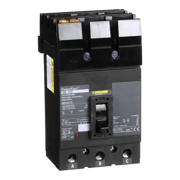 Square D Molded Case Circuit Breaker, QBA Series, 125A, 3 Pole, 240V AC, 10kA at 240V AC - QBA32125