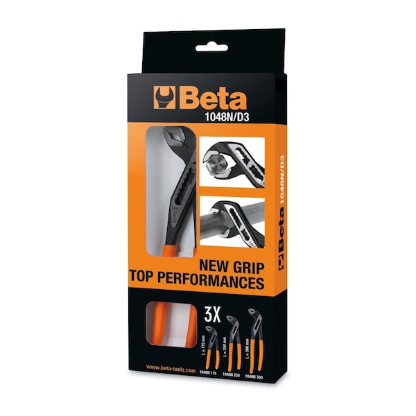 Beta 1048N/D3 Set of 3 Slip Joint, Groove Joint Pliers, Slip-proof PVC Handles, 6in, 10in, and 12in - 010480923