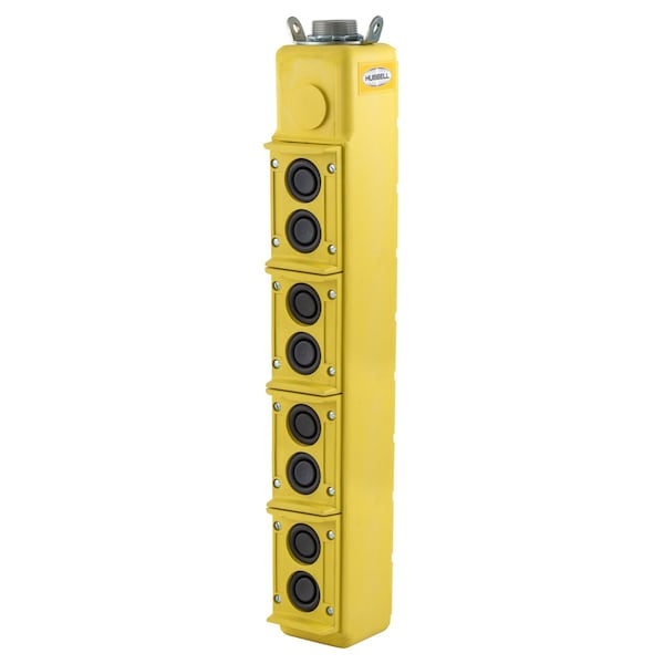 Dispositivo de Cableado Hubbell-Wiring Device-Kellems de Grado Industrial, Controles de Péndulo, Estación de Botón de Presión, 8) Botones - Velocidad Única, Deber de Piloto, Máximo de 250V CA, Tornillos de Terminal - PBS8