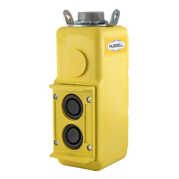 Dispositivo eléctrico industrial de grado Hubbell Wiring Device-Kellems, Controles de colgante, Estación de botón pulsador, 2) Botones- Velocidad única, Trabajo de piloto, 250V CA Máx, Tornillos de terminal - PBS2