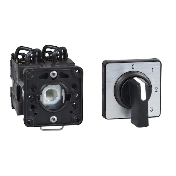 Schneider Electric Cam ammeter switch, Harmony K, 22mm, plastic, 3 positions, position 0, 90°, 12A, 45x45mm, metallic legend, marked 0 L1 L2 L3, 35mm black handle - K1F003MCH