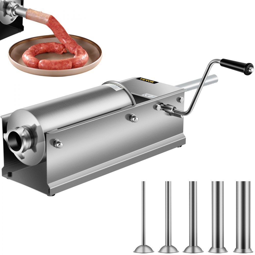 VEVOR Horizontal Sausage Stuffer 5L/11Lbs Manual Sausage Maker With 5 Filling Nozzles Sausage Stuffing Machine For Home & Commercial Use Stainless Steel - GCJSDSPS5L0000001V0