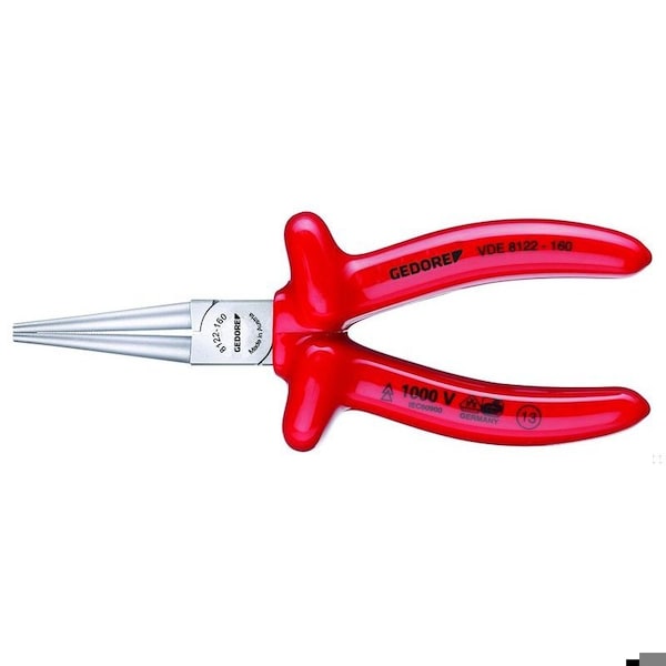 Gedore Insulated Round Nose Pliers, 6-1/4", Handle Type: VDE Dipped Insulation - VDE 8122-160
