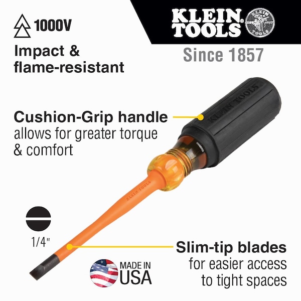 Klein Tools Slim-Tip Insulated Screwdriver, 1/4-Inch Cabinet, 4-Inch Round Shank - 6924INS