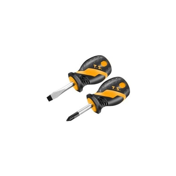 Tolsen 2pc Stubby Screwdriver Set Cr-V, Chrome Plated, Satin Finish, Black Finish Magnetic Tip - 20181