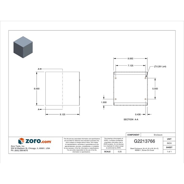 Wiegmann Carbon Steel Electrical Enclosures, 8 in H, 8 in D, 8 in W, NEMA 1, Screw On - SC080808GNK
