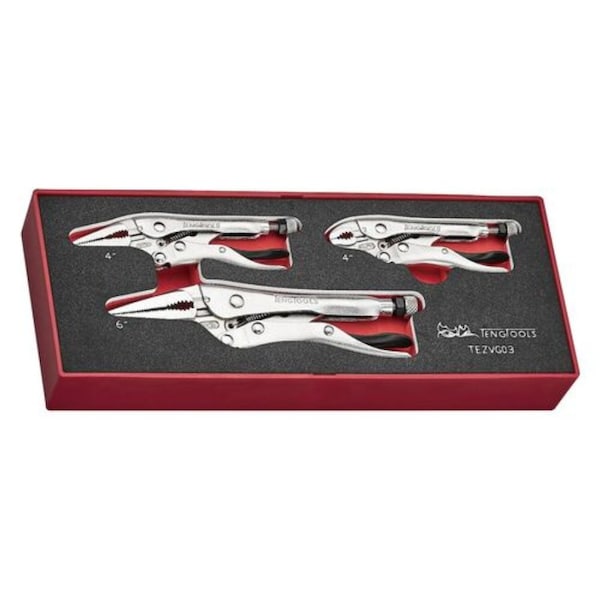 Teng Tools 3 Piece 4 Inch Curved Jaw, 4 Inch & 6 Inch Long Nose Vise Grip Locking Plier Eva Foam Set - TEZVG03