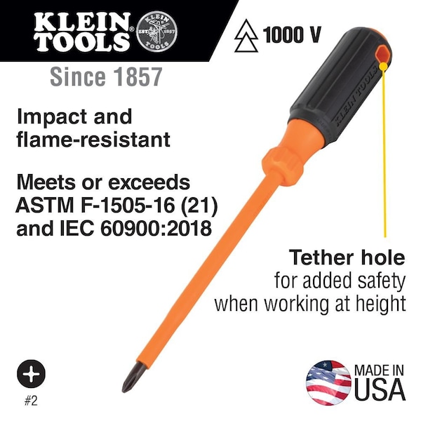 Klein Tools Insulated Screwdriver, #2 Phillips Tip, 4-Inch Round Shank - 6834INS