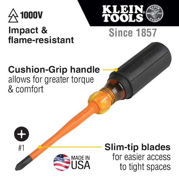 Klein Tools Slim-Tip 1000V Insulated Screwdriver, #1 Phillips, 6-Inch - 6956INS