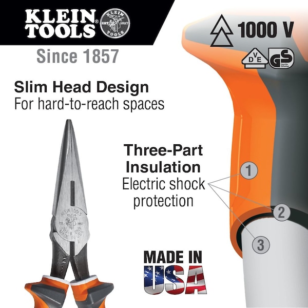 Klein Tools Long Nose Side Cutter Pliers 6-Inch Slim Insulated - 203-6-EINS