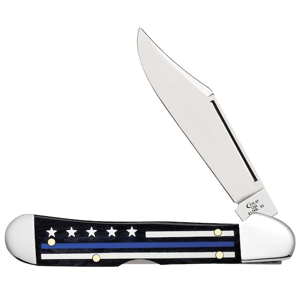 Case Cutlery Stripes Of Service Smooth Black Bone W/Color Inlays Blue Line Mini Copperlock 61749L Ss - CAS-06569