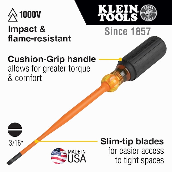 Klein Tools Slim-Tip Insulated Screwdriver, 3/16-Inch Cabinet, 6-Inch Round Shank - 6916INS