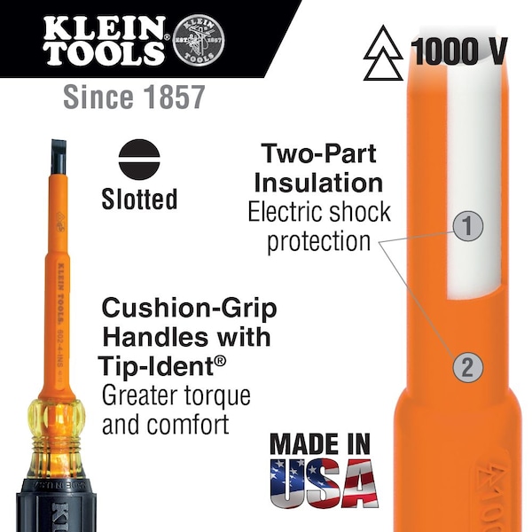 Klein Tools Insulated Slotted Screwdriver 3/8 in Round - 602-8-INS
