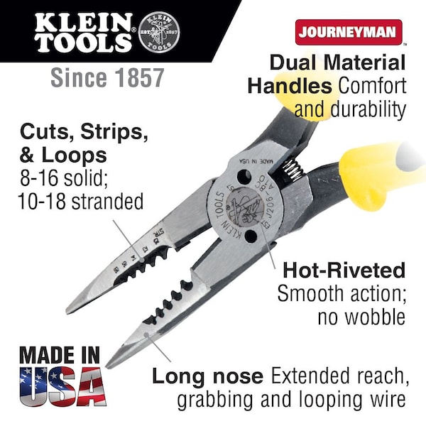 Klein Tools Pliers, All-Purpose Needle Nose, Spring Loaded, Cuts, Strips, 8.5-Inch - J206-8C