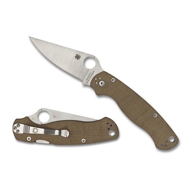 Spyderco 2024 Spyderco Para Military 2, Brown Canvas Micarta, Plain Cru-Wear Steel, Reveal 7 - SPY-C81MPCW2