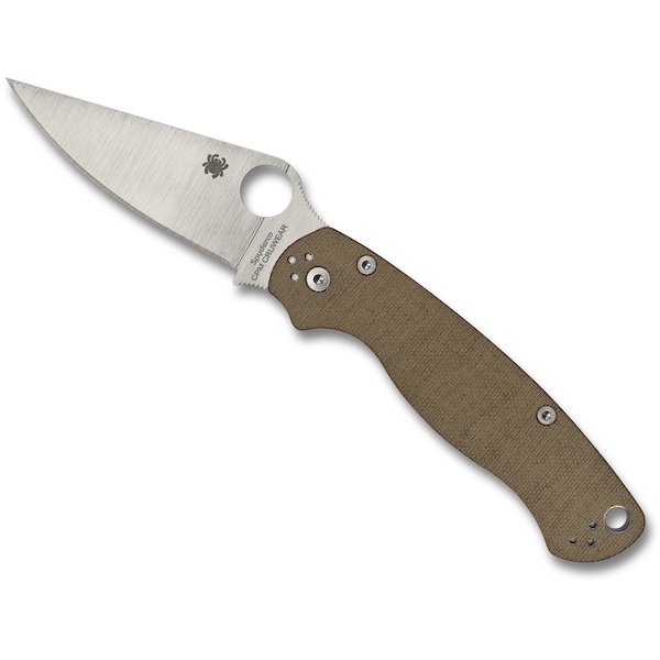 Spyderco 2024 Spyderco Para Military 2, Brown Canvas Micarta, Plain Cru-Wear Steel, Reveal 7 - SPY-C81MPCW2