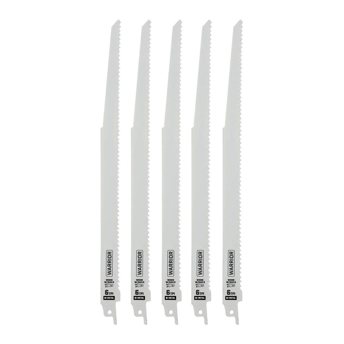 Cuchillas de sierra reciproca bimetálicas para corte de madera de Warrior de 12 pulgadas y 6 TPI, juego de 5 piezas - 68041.