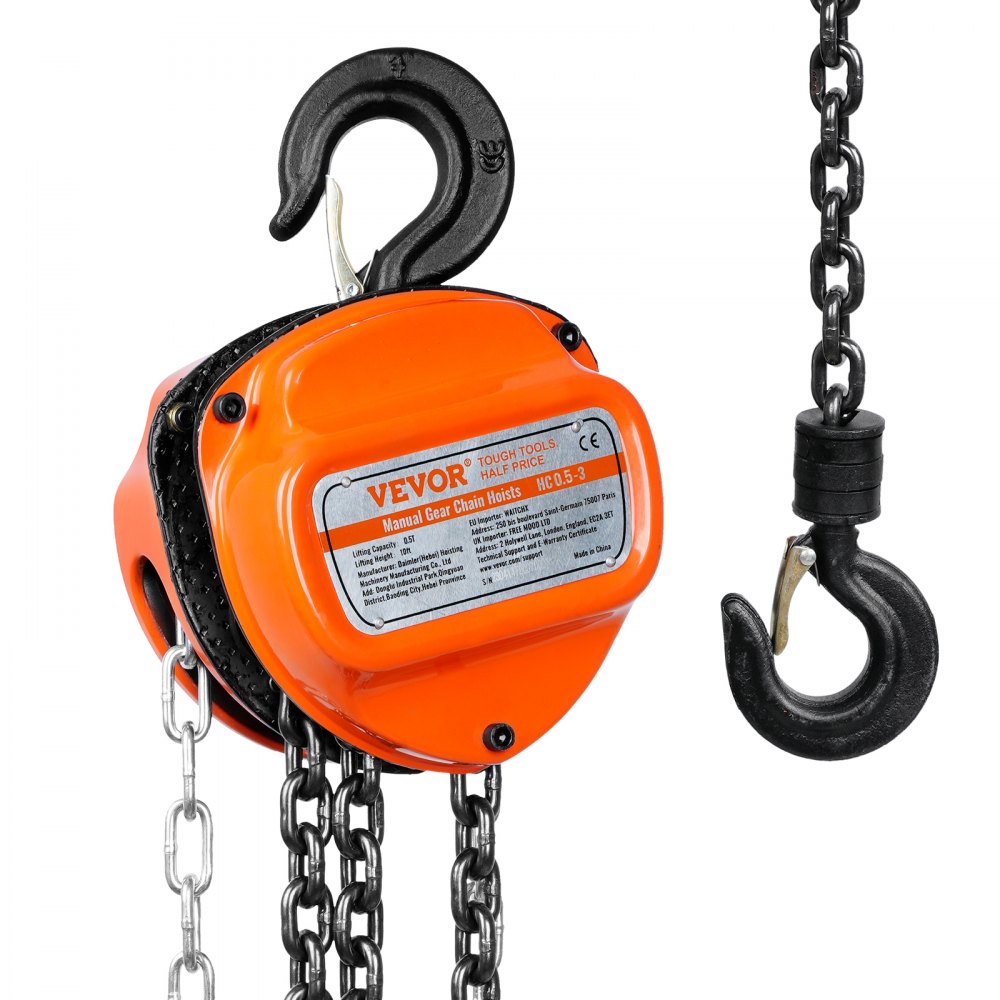 VEVOR 1/2 Ton/1100 LBS Hand Chain Hoist 10 FT Come Along, 1100 lbs Capacity G80 Galvanized Carbon Steel with Double-Pawl Brake, Auto Chain Leading & 360° Rotation Hook, for Garage Factory Dock - SJXSLH12T10FT5YE7V0