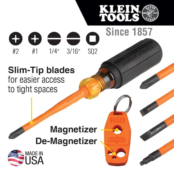 Klein Tools Screwdriver Set, 1000V Slim-Tip Insulated and Magnetizer, 6-Piece - 33736INS