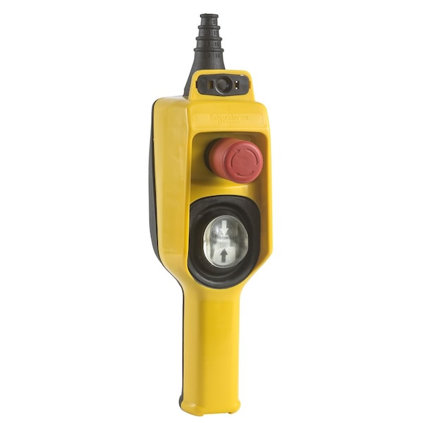 Estación de control colgante de Schneider Electric, Harmony XAC, plástico, amarillo, 1 botón de presión bidireccional, 1 parada de emergencia - XACD22A0105