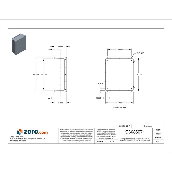 Wiegmann Fiberglass Electrical Enclosures, 15.60 in H, 5.94 in D, 14 in W, NEMA 1, 12, 3R, 4, Hinged - HW-J161406FCHQR
